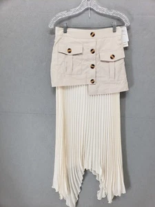 Commense Skirt Women Small Beige Pleated Two Tone Asymmetric Pocket Button Maxi - Imagen 1 de 19
