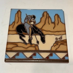 Vintage Tu Oti Keramik Kunst Fliese Untersetzer Pferd Indianer Südwesten 4 Zoll - Bild 1 von 6