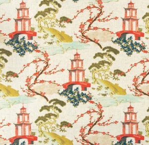 Stain Resistant Aqua Blue Cream Red Green Chinoiserie Asian Upholstery Drapery F - Picture 1 of 6