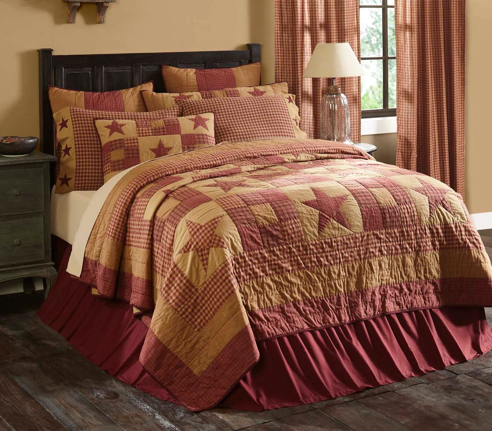 NINEPATCH STAR QUILT SHAM PILLOW : PRIMITIVE RED RUSTIC PATCHWORK COUNTRY CABIN - Image 1 of 1