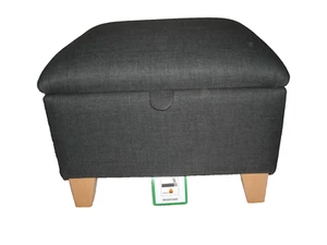 LARGE CHARCOAL LINEN LOOK FABRIC FOOTSTOOL/POUFFE/ W STORAGE solid beech legs - Picture 1 of 7