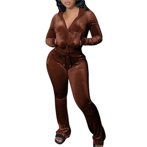 2 Piece Outfits for Women Velvet Tracksuits Long Sleeve Crop Hoodie Flared Pants - Picture 1 of 69