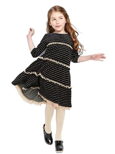 Hanna Andersson Girls Velour Dress Size 10 140 Black Gold Stripe Velvet Holiday - Picture 1 of 10