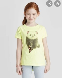 Cat & Jack Yellow T-Shirt Size XS 4/5 Panda Bear Changing Sequins Back to School - Picture 1 of 1
