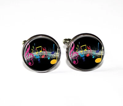 Colorful Music Notes Design Handmade Round Glass Cuff Links Gift for Him - Image 1 of 4