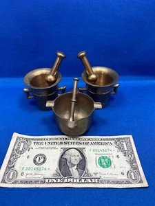 3 Antique German Miniature Solid Brass Mortars And Pestles Pharmacy Kitchen Use - Picture 1 of 10