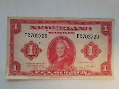 1943 Netherlands 1 Gulden Queen Wilhelmina FC762729 Bank Note - Image 1 of 2