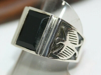 New Cast Men's 6 CT Faceted Natural Rectangular Onyx 925 Silver Eagle Ring Sz 13 - Image 1 of 4