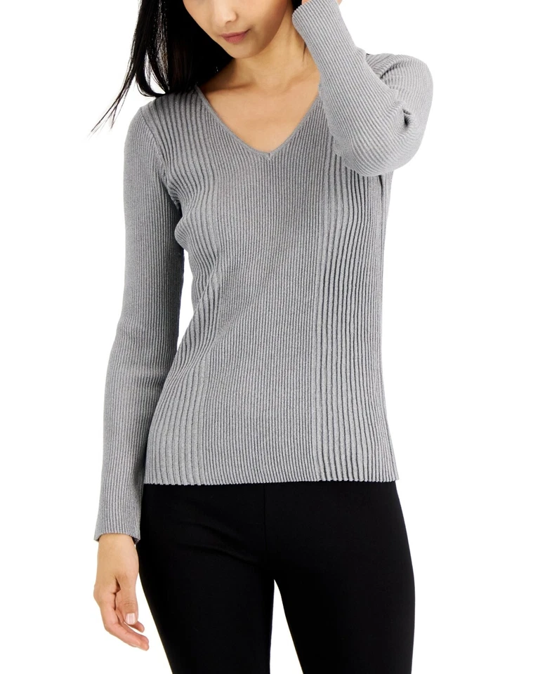 Alfani Women's Metallic Ribbed V-Neck Sweater, - Light Greyst Sz M - Image 1 of 1