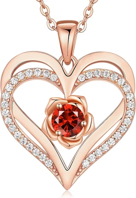 Collana Donna Argento 925 Collana in Cuore, Pietra Di Nascita Rosé Fiore Collana - Immagine 1 di 4