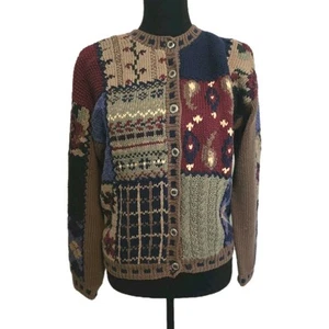 Vtg Talbots Hand Knit 100% Cotton Button-up Rich Colors Patchwork Small Cardigan - Picture 1 of 19