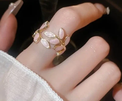 Pink Mother of Pearl Open Leaf Ring – Nature-Inspired Adjustable Band OS - Image 1 of 4