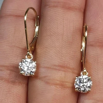 Pendientes colgantes/gotas solitarios para mujer 1 quilate corte redondo diamante cultivado en laboratorio oro de 14 k Foto 1 de 4