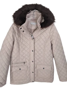 LARRY LEVINE Women's JACKET 3/4 Diamond Quilted Bib Faux Fur Trimmed Hood Medium - Picture 1 of 5
