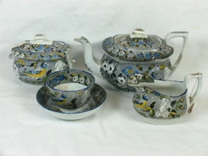 Antique Rare Staffordshire Pearlware Salopian Tea Set 1820 Transfer Floral Bird - Picture 1 of 2