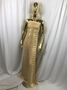 MATT GOLD IMPERIAL DESIGN EMBROIDER WITH SEQUINS ON A 4 WAY STRETCH MESH-BY YARD - Picture 1 of 11