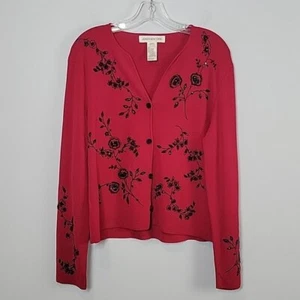 Jones New York Red Black Holiday Embroidered Floral Cardigan Sweater Size Medium - Picture 1 of 9