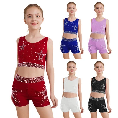 UK Kids Girls Gymnastics Sports Outfit Workout Tanks Top Shorts Set Running Wear - Image 1 of 4