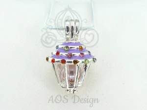 Purple Cupcake Pearl Cage Pendant Necklace Silver Charm Holds Gem - Picture 1 of 16