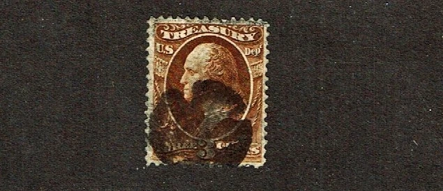 1873 U.S. CLASSIC Official TREASURY 3c Brn WASHINGTON Sc#O74 FANCY CANCEL Note* - Image 1 of 1