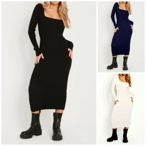WOMANS LADIES LONG SLEEVE SQUARE NECK SLIMMING MIDI DRESS - Picture 1 of 4