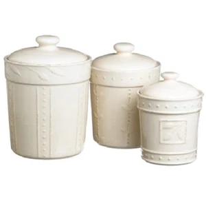 Kitchen 3 PC Ivory Cannister Set Counter Storage Coffee Sugar Tea Lids Container - Picture 1 of 2
