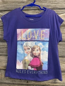 Disney frozen girls M medium Anna Elsa purple T-shirt love rules everything - Picture 1 of 4