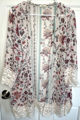 Kimono boho para mujer Mason & Belle plumero frente abierto talla L crochet encaje campesino Foto 1 de 4