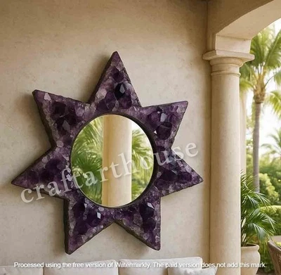 Amethyst Stone Crystal Wall Mirror Star Shape Vanity Top with Galss Wall Art Dec - Image 1 of 4