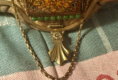 Cartera de noche antigua brocada de seda: filigrana latón borde incrustado mango años 30 Foto 1 de 4