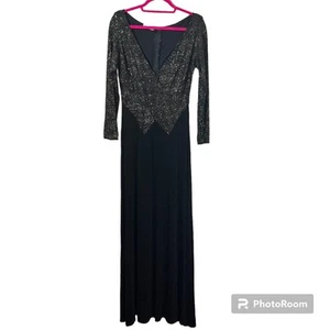 Tadashi Shoji x Cache Black Gown Large Gold Glitter 90s Goth Glam Dress - Picture 1 of 9