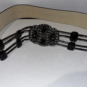 Chicos Large 39.5” Genuine Leather Hip Belt Concho Stone Buckle Black RN#79984 - Picture 1 of 13