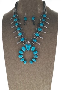 Natural Sleeping Beauty Turquoise Squash Blossom Necklace And Matching Earrings - Picture 1 of 5