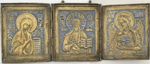 Original alte große russische Metallikone Triptychon Deesis, 18Jh, Bronze, Email - Bild 1 von 6