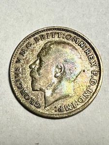 1920 Great Britain 3 Three Pence King George V (.925) Silver Coin KM#813 Toned - Picture 1 of 2