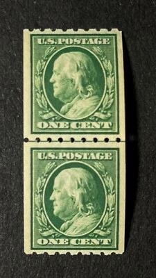 mystamps  US 390, 1 cent Franklin 1910, Coil Line Pair, MNH OG VF/XF - Image 1 of 2