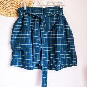 Anthropologie, New, Current Air Hayden Teal Checked Belted Shorts, Size Large - Picture 1 of 11