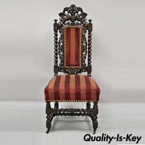 Antique Italian Renaissance Lion Dragon Winged Griffin Barley Twist Side Chair Cover