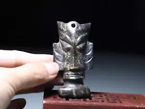 Old Black Stone Jade Carved Sanxingdui Ruins Figure Head Face Mask Pendant CX448 - Picture 1 of 11