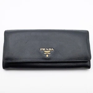 PRADA Leather Long Bifold Wallet Saffiano Black Authentic from JAPAN - Picture 1 of 19