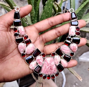 Natural Argentina Rhodochrosite Cab,Garnet Cut Handmade Fashion Jewelry Necklace - Picture 1 of 13