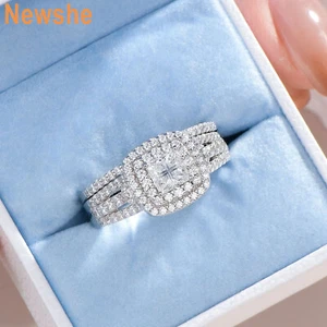 Newshe Sterling Silver Women Wedding Engagement Ring Set White Gold Cluster CZ - Picture 1 of 8