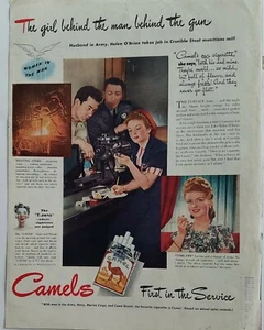 1944 Camel cigarettes women in war girl worker behind man behind the gun ad - Picture 1 of 1