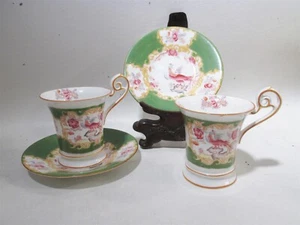 Scarce 19thC Minton Cockatrice Green 12631Pair Chocolate Cups & Saucers - Picture 1 of 12