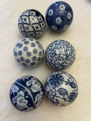 Набор из 6 синих и белых фарфоровых декоративных шариков ~3 дюйма в стиле шинуазри - Изображение 1 из 4