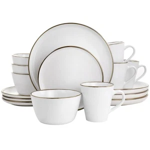Elama Arthur 16 Piece Stoneware Dinnerware Set in Matte White with Gold Rim - Picture 1 of 1