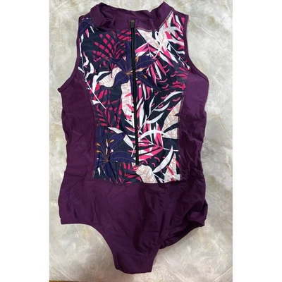 Womens Purple Floral Print Sleeveless Zip Front One Piece Swimsuit L - Image 1 of 4
