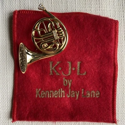 SIGNED KENNETH JAY LANE GOLDTONE FRENCH HORN w SPARKLY CRYSTALS BROOCH TUBA - Image 1 of 4