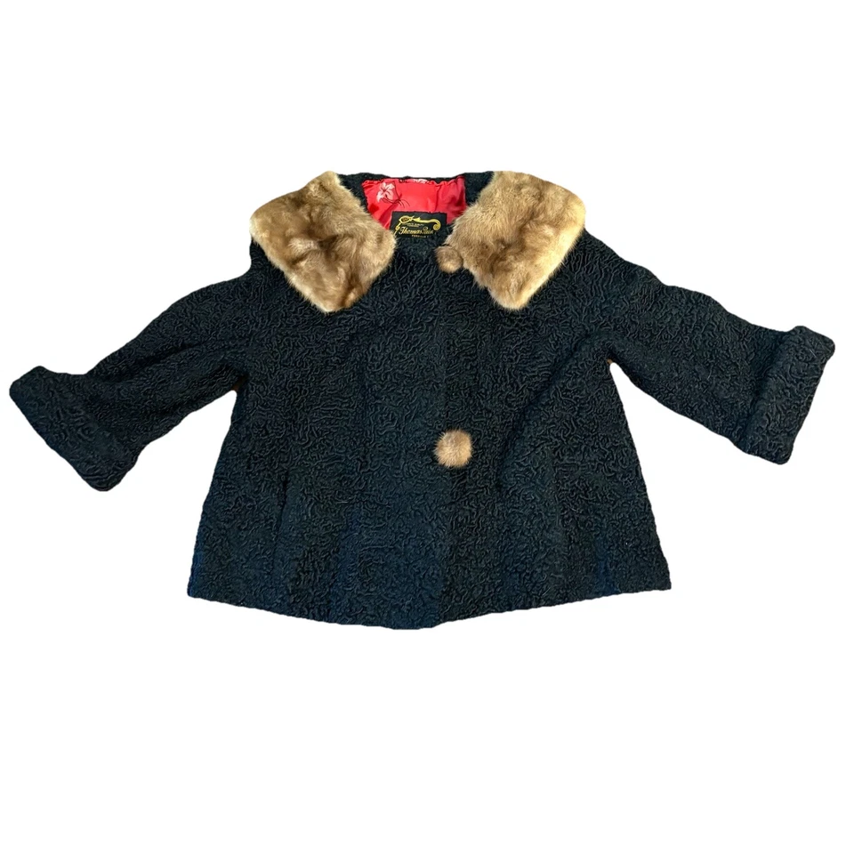 Vintage THOMAS PAIN Brown Rabbit Fur Black Jacket Coat Cropped CALGARY CANADA — 第 1/4 张图片