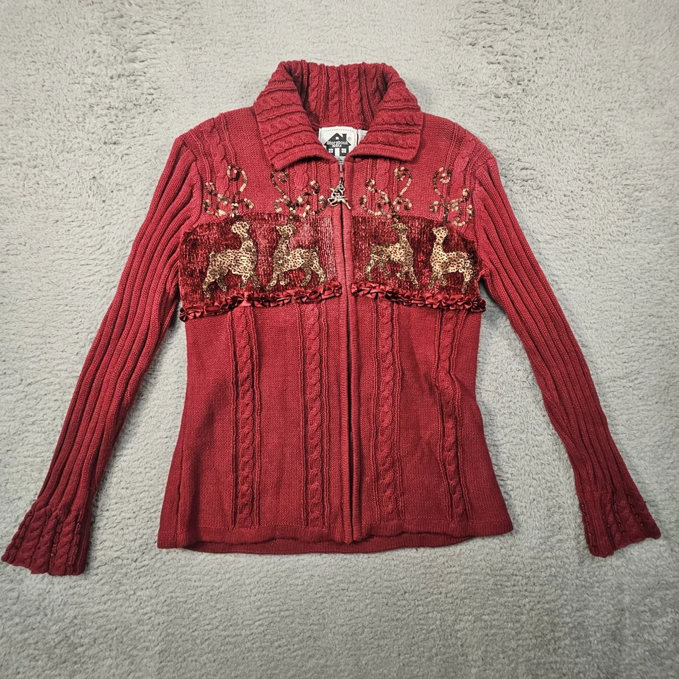 Vtg Storybook Knits Zip Sweater Womens S Reindeer Cable Knit Christmas Festive - Image 1 of 4